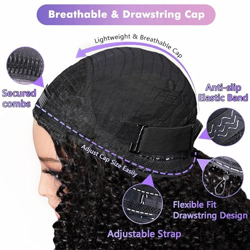 Kinky Curly Half Wig Human Hair 180% Density 3 In 1 Seamless Flip Over Half Wigs Human Hair Glueless Wear and Go Beginner Friendly 14 Inch Drawstring Headband Wig Human Hair for Women Natural Black