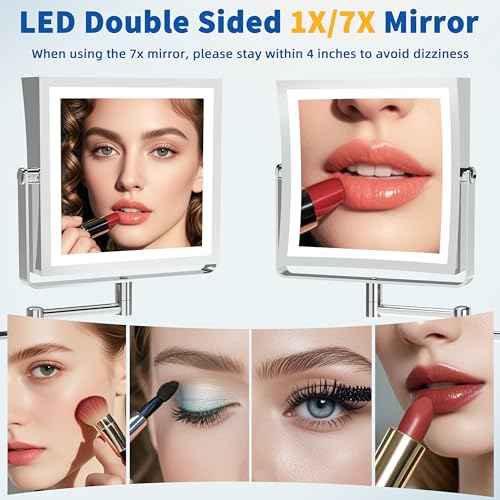 Ruacq Rechargeable Wall Mounted Makeup Mirror with Lights, Double Sided 1X/7X Magnifying Vanity Mirror with 3 Color Lighting, Touch Screen Dimmable, 360¡Æ Rotation Extension Foldable Arm(Chrome)