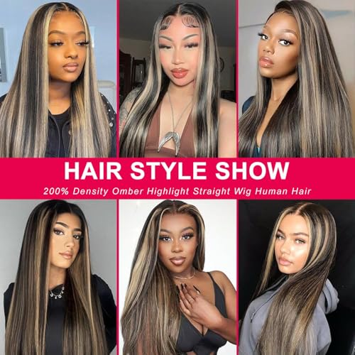 26 inch Black and Blonde Human Hair Wig Pre Plucked with Baby Hair 13x4 Highlight Wig Human Hair Balayage Lace Front Wigs Human Hair 200% Density for Women