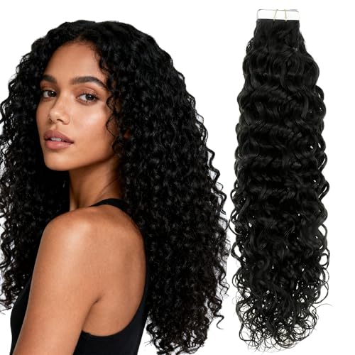 Hetto Curly Tape in Hair Extensions Human Hair Curly Black Tape in Hair Extensions Real Human Hair Tape in Extensions Natural Curly Black Hair Extensions Invisible 20 Inch 20Pcs 50g #1 NW