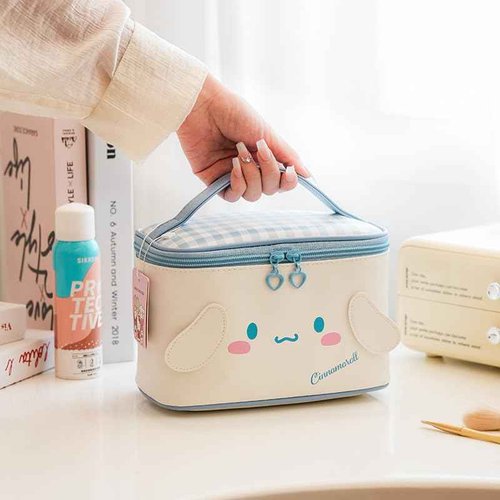 Many Rainbows Cinnamoroll PU Cosmetic Bag Makeup Pouch Travel Portable Vanity Case Organizer with Handle - White