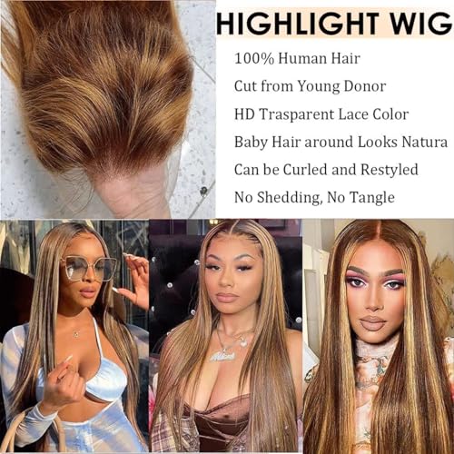 Highlight 13x4 HD Lace Front Wigs Human Hair 4/27 Honey Blonde Straight Transparent Lace Front Wigs Pre Plucked 12A Ombre Wigs Human Hair for Women 180% Density 22 Inch