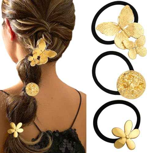 Metal Hair Ties for Women Gold Flower Hair Tie Elastic French Gold Ponytail Holders Butterfly Hair Scrunchies for Thick Thin Christmas Gift for Xmas Party Small Circle Hair Cuffs Hair Accessories 3Pcs