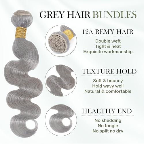 Silver Grey Body Wave Bundles Human Hair 20 Inch, Soft and Thick Short Single Bundle 100% Unprocessed 12A Remy Hair Lavender Gray Color Sew In Quick Weave Wavy Color
