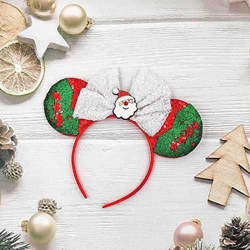 Christmas Mouse Ears Hair Band Bow Headbands Xmas Headwear, Santa Claus Hair Hoop Princess Head Bopper Cosplay Costume Tiara (Red Green White)