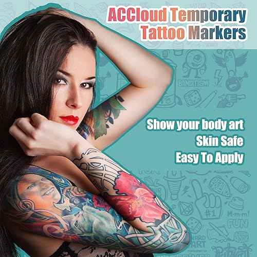 Temporary Tattoo Markers for Skin Paint Pens Kit, 3 Body Markers+ 63 Tattoo Stencils Kit, Flexible Brush Tip, Skin Safe for Art Projects, Drawing, Halloween Makeup Kit