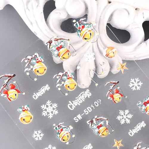 Christmas Nail Stickers Snowflake Nail Decals 5D Exquisite Embossed Nail Art Supplies Christmas Bells Gloves Feather Design Self-Adhesive Nail Art Stickers Xmas Nail Decoration for Women, 3 Sheets