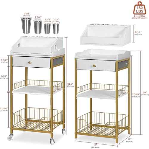 Makeup Organizer Cart with Drawer, 2-in-1 Rolling Organizer Cart with Hair Tool Holder, Vanity Storage for Skincare, Perfume, Nail Polish, Cosmetics, Gold Finish