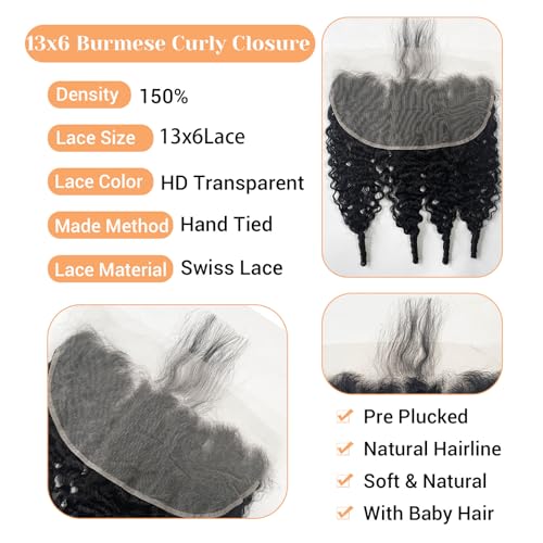 HD Lace Frontal 13x6 Transparent Lace Ear to Ear 16 Inch Burmese Curly Frontal Human Hair 100% Unprocessed Virgin Lace Closure Human Hair Pre Plucked with Baby Hair 150% Density
