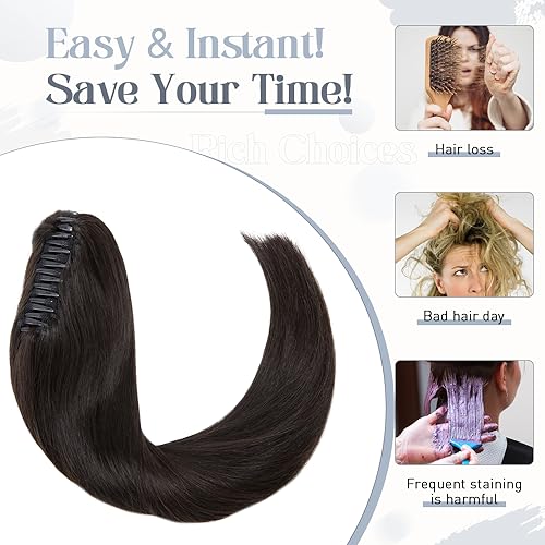 Rich Choices Claw Clip Ponytail Extension Real Human Hair Clip In Long Remy Ponytail Hair Extensions Straight For Women Human Pony tail 105g One Piece #1B Natural Black 14 Inch