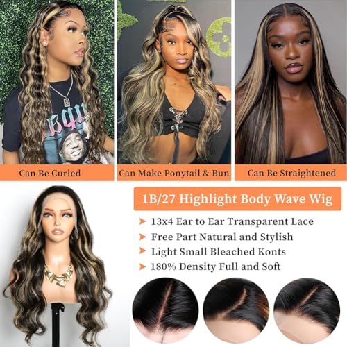 Ombre Lace Front Wig Human Hair Pre Plucked 24 Inch Body Wave 1B/27 Highlight Lace Front Wig Human Hair 180% Density Colored 13x4 HD Lace Frontal Glueless Wigs For Black Women