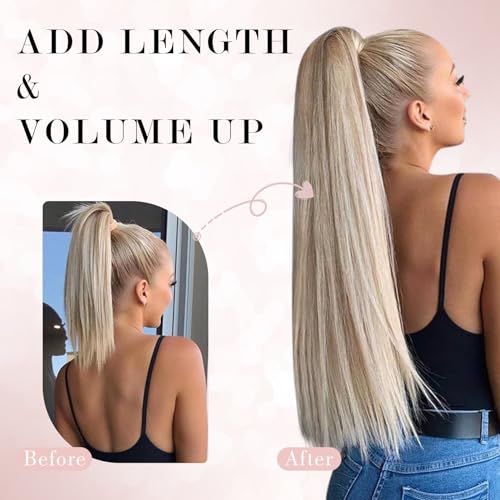 Ponytail Extensions Human Hair Long Straight Ponytail Hair Extensions with Magic Paste Wrap Around Clip in Ponytail Extensions Real Human Hair,16inch #60 Platinum Blonde,80g