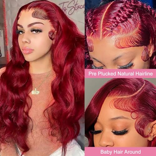 26 Inch 99J Burgundy 13x4 HD Transparent Lace Body Wave Lace Front Wigs Human Hair Pre Plucked 200% Density Lace Frontal Human Hair Wigs For Women