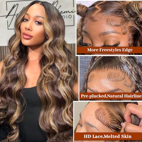 Ombre Lace Front Wig Human Hair Body Wave 13x6 HD Lace Front Wigs Human Hair Pre Plucked 200% Density Honey Blonde Highlight Wig 4/27 Colored Lace Frontal Glueless Wigs Human Hair 24 Inch