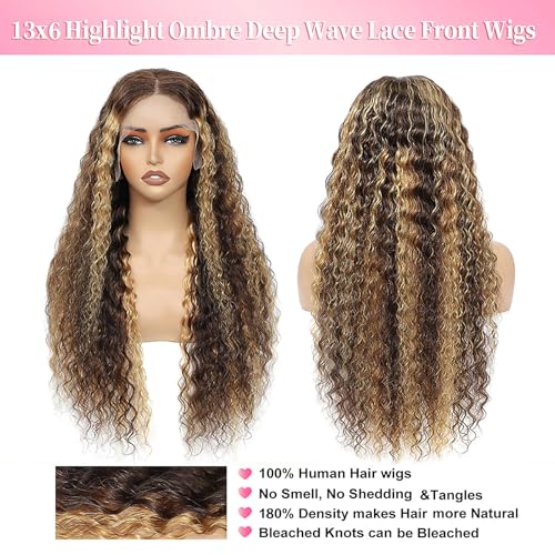 Aimking 13x6 Highlight Ombre Lace Front Wig Human Hair Wigs For Women 180% Density 4/27 HD Deep Wave Lace Frontal Wigs Curly Honey Blonde Wig Human Hair With Colored (22 Inch)