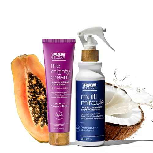 RAW SUGAR Leave In Conditioner Duo, Multi-Miracle Hair Mist and The Mighty Cream (2 Products) Heat Protectant, Hydration and Frizz Control for All Hair Types, A Conditioning Haircare Bundle