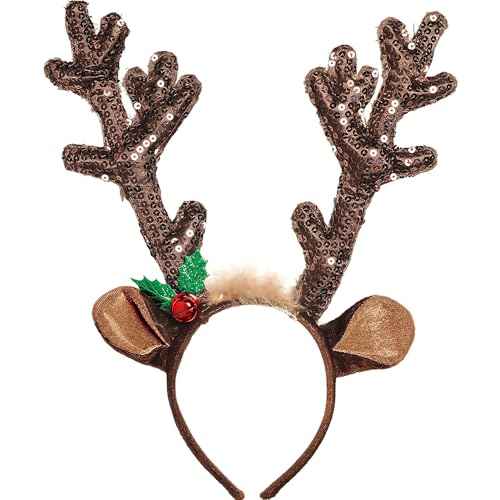 Sparkling Brown Sequined Antler Headband - 15" x 14" - Chic Hair Accessory - Perfect for Holidays & Unique Events