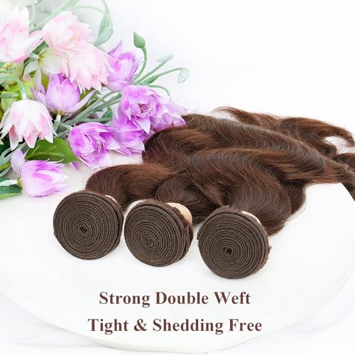 ALLRUN Brown Body Wave Bundles Human Hair 14 16 18 Inch Chocolate Brown Human Hair Bundles 12A 100% Unprocessed Remy Brazilian Virgin Hair Body Wave Human Hair Extension Color 4# Reddish Color