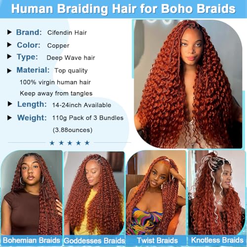 Human Braiding Hair For Boho Braids 24 Inch 110g Deep Wave Bulk Human Hair for Braiding Knotless 12A 100% Brazilian Virgin Hair Extensions Bulk Bohemian 3 Bundles Color Copper