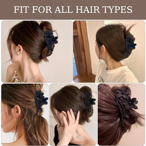 Black Flower Hair Claw Clips - 1Pcs Large Matte Twin Flower Design Hawaiian Hair Accessories Strong Hold Non Slip Shark Clamp Hairpins Barrette for Women & Girls