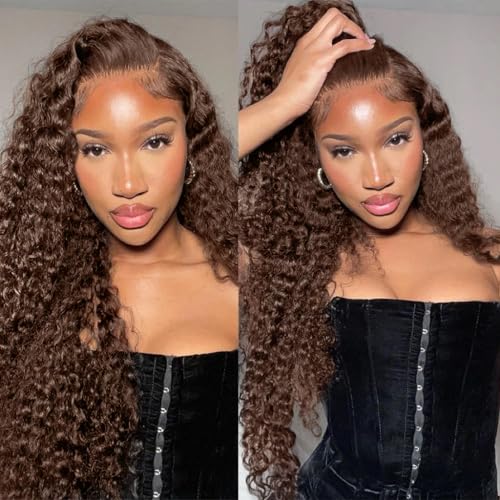 13x6 Deep Wave HD Lace Front Wigs Human Hair 220% Density Chocolate Brown Curly Human Hair Wigs for Women HD Lace Front Wet and Wavy Wigs Pre Plucked Virgin Hair 20inch
