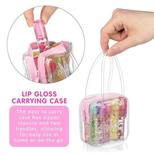 EXPRESSIONS 10pc Roll On Lip Gloss Set with Carrying Case, 10-Pack Glossy Lip Makeup - Assorted Fruity Flavors, Non Toxic, Kid Friendly, Party Gift, Best Friends