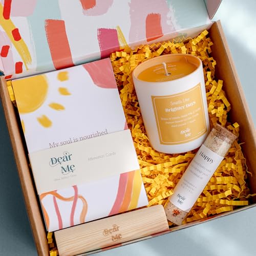 Dear Me Happiness Gift Set ? Affirmation Cards, Natural Soy Candle & Bath Salt ? Mindfulness Gift ? Self-Care Set for Women ? Positivity & Optimism Kit for Emotional Wellness