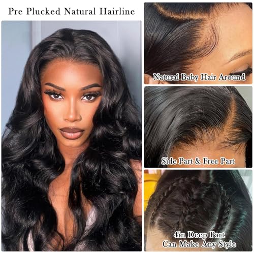 13x4 Body Wave Lace Front Wigs Human Hair Pre Plucked with Baby Hair 180% Density 13x4 HD Transparent Lace Front Wigs for Black Women Natural Black Wigs(26inch)