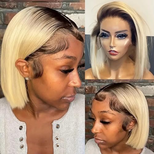 Ombre Blonde Lace Front Wigs Human Hair,13X4 HD Bob Lace Front Wigs 12" 150% Density Ombre 1B/613 2 Tone Straight Human Hair Pre Plucked with Bleached Knots lUnprocessed Virgin Hair for Women