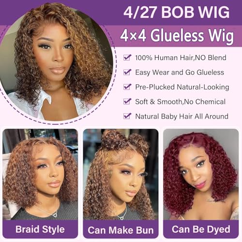 Glueless Wigs Human Hair Pre Plucked Pre Cut 4/27 Highlight Ombre Honey Blonde Curly Bob Wig for Beginners 4x4 Deep Wave Lace Closure Glueless Wigs for Black Women 14 Inch