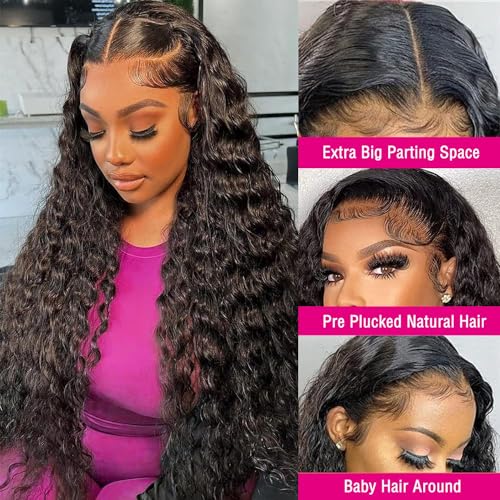 LICHANG Deep Wave Lace Front Wigs Human Hair 4x4 Transparent Lace Closure Wet and Wavy Wigs for Black Women Pre Plucked Human Hair Wig with 180% Density Nature Color 24 Inch