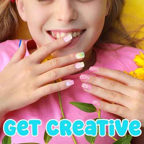 7 Day Manicure Collection - 84PC Press On Nail Set, Day-of-The-Week Adhesive False Nails for Girls (Set of Brights or Pastels) ? Colorful Novelty Designs Stick On Nails for Kids