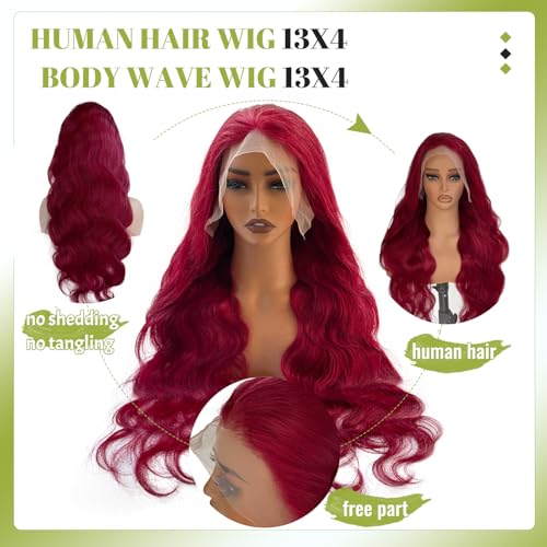 Burgundy Lace Front Wigs Human Hair 13x4 Body Wave 99j Burgundy Human Hair Wig with Free Part Pre Plucked HD Frontal 180 Density Glueless Colored Wig for Women 26 Inch