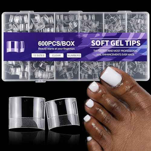 AddFavor Toe Nail Tips, 600pcs Soft Gel Toenail Tips Short Square Fake Toe Nails, Clear False Toe Tips 12 Sizes Acrylic Nail Tips for Toe Nails Extension