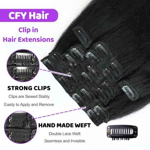 16 Inch Kinky Straight Clip ins 8Pcs 110g Clip in Hair Extensions Real Human Hair Yaki Straight Clipins for Black Women Full Head Brazilian Remy Hair Extensions Double Weft 20 Clips