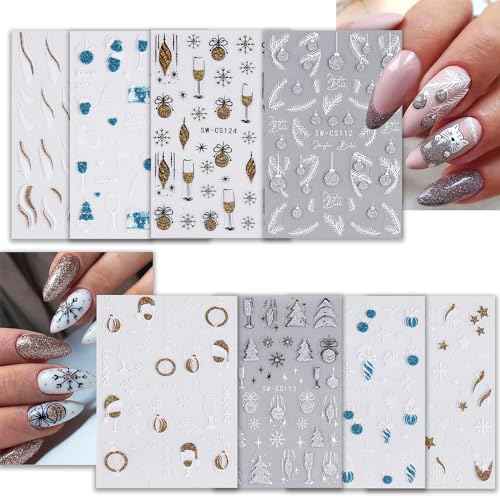 8 Sheets Christmas Nail Art Stickers Glitter Nail Decals 3D Self Adhesive Snowflakes Bells XmasTree Geometric Lines Adhesive Swirl Wave Winter Nail Design French Nail Stickers for Women Nail Design