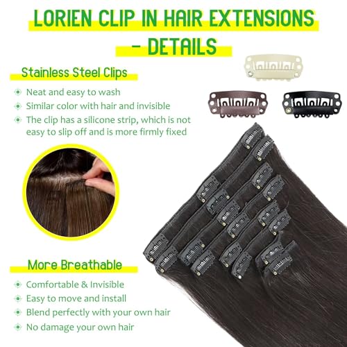 LORIEN Real Human Hair Clip in 100% Human Hair Extensions Brazilian Remy Human Hair Clip on Hair Extensions 8pcs Per Set with 18Clips Double Weft (20 Inch, 1B Natural Black)
