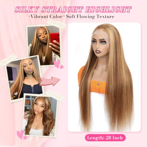 Straight Honey Blonde Wig Human Hair 16inch P4/27 Highlight Ombre Lace Front Wig Human Hair 180%, 13x4 Pre-plucked HD Lace Frontal Wigs For Black Women Honey Blonde Glueless Wigs