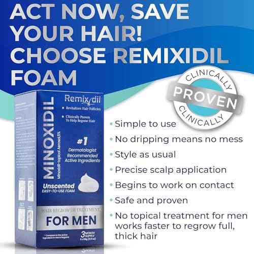 Remixidil Men¡¯s 5% Minoxidil Foam | Hair Regrowth Treatment for Men | Clinically Proven Formula for Hair Loss and Hair Growth | No Scalp Irritation | 3-Month Supply