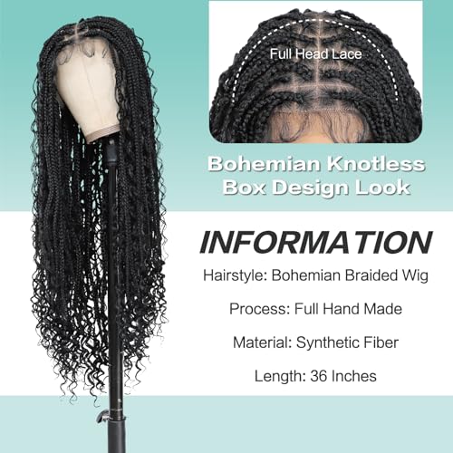 Boho Box Braid Knotless Goddess Locs Wigs with Curly Ends Double Full Lace Square Synthetic Braided Wigs with Baby Hair for Woman Natural Black 36 Inch