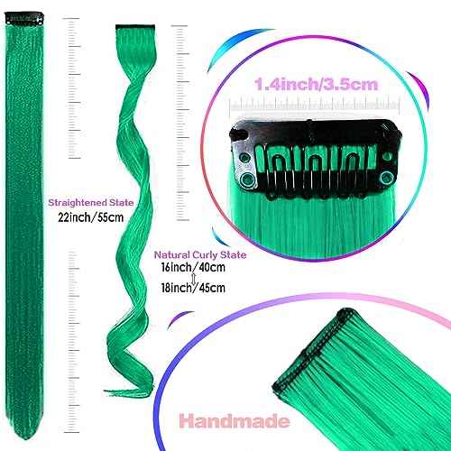 12 PCS Green Hair Extensions Clip in, Curly Wavy Colored Extension for Kids Girls - Party Highlights Synthetic Hairpiece 17 inch