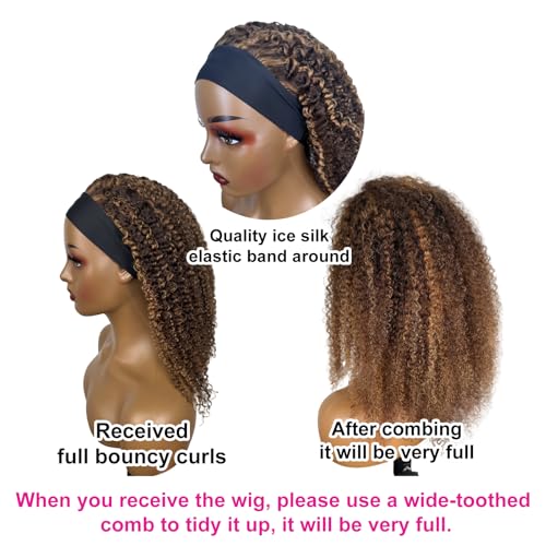 Ombre Highlight Headband Wig Human Hair #4/27 Colored Kinky Curly Headband Wig for Black Women Glueless None Lace Front Human Hair Wigs Brazilian Virgin Hair Wear and Go Wigs 150% Density 20 Inch