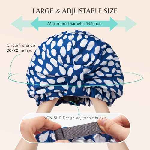YFONG Reusable Shower Cap for Women, Waterproof & Durable Bath Cap with Double layer Lined, Adjustable Hair Cap for All Hair Lengths, Large Bathing Hat (blue)
