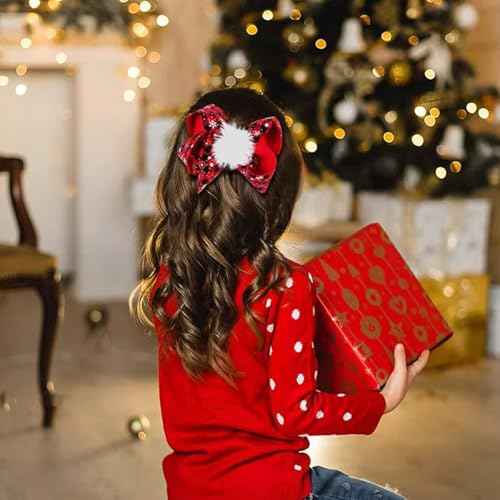 Christmas Hair Clips for Women 4.7in Red Plaid Hair Bow Clips for Girls Christmas Festival Hair Accessories Fluffy Hair Bows Christmas Party Hair Decorations Cute Hair Bows Winter Snowflake Bows 1Pcs