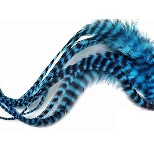 Moonlight Feather, Hair Extension Feathers - Turquoise Blue Long Grizzly Rooster Hair Extension Feathers - 7-11 Inches Long - 6 Pieces Per Pack