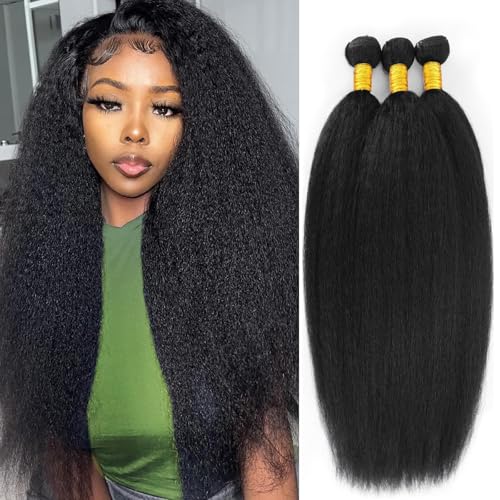 Kinky Straight Bundles Human Hair Yaki Straight Human Hair Bundles Kinkystraight 12A 100% Brazilian Virgin Bundles for Black Women Natural Black Hair Extension 12 14 16 Inch