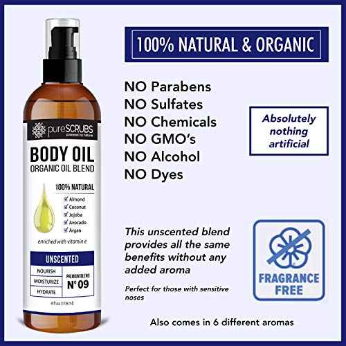 pureSCRUBS Ultra Moisturizing Unscented Body Oil Spray for Dry Skin, Massage, Stretch Marks, Organic Super Blend of Jojoba, Argan, Coconut, Sweet Almond & Avocado Oils Enriched with Vitamin E, Lg 4oz