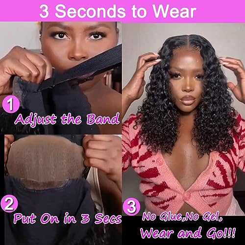 Wear and Go Glueless Wigs Human Hair Pre Plucked Pre Cut 4x4 Lace Front Wigs for Black Women Glueless Water Wave 180 Density Curly Bob Wig Human Hair for Beginners(16 Inch)