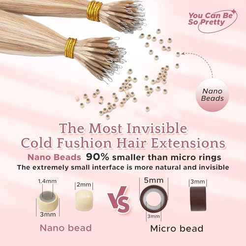SEGO Nano Tip Hair Extensions Human Hair, Nano Beads Balayage Seamless Highlight Pre-bonded Extensions for Women, 0.7g/strand, 50 strands 35g/pack -20 Inch#18RP613R Ash Blonde&Bleach Blonde
