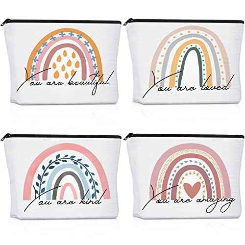 Saintrygo 4 Pcs Rainbow Cosmetic Bag Teacher Nurse Inspirational Gift Bags for Women Girls You Are Loved Beautiful Kind Makeup Bag Bulk Personalized Canvas Purse Pouch for Toiletry Travel